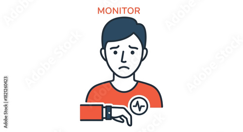 Sad or worried person wearing an orange shirt, looking down at their wrist where smartwatch displays heart rate monitor, symbolizing health concerns or stress