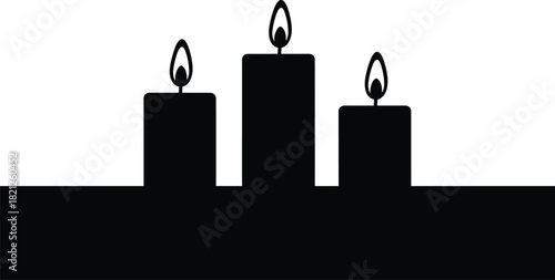 Silhouette of Three Burning Candles with Flames, Lighted Wax Pillar Candles Icon, Spiritual Ceremony or Funeral Memorial, Holiday Celebration, Relaxation, Vector Design Element on White Background