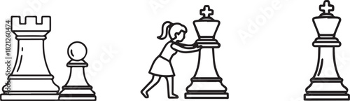 Girl pushing chess king with rook and pawn on white background