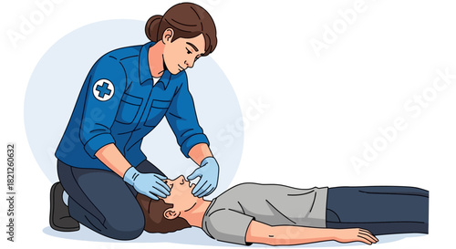Paramedic performing cpr on an unconscious person lying on the ground, demonstrating emergency life support techniques