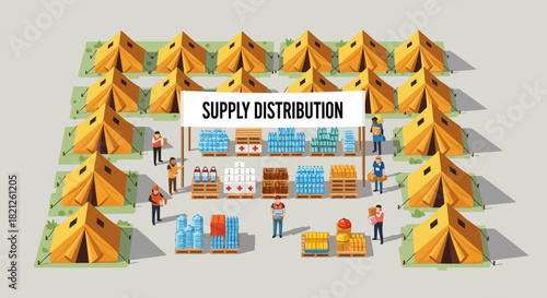 Aerial view supply distribution center with rows yellow tents, pallets goods, and people organizing aid, representing humanitarian relief and logistics