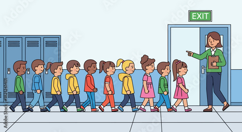 Teacher guides line diverse elementary school children out classroom towards an exit, demonstrating orderly evacuation procedures and classroom management
