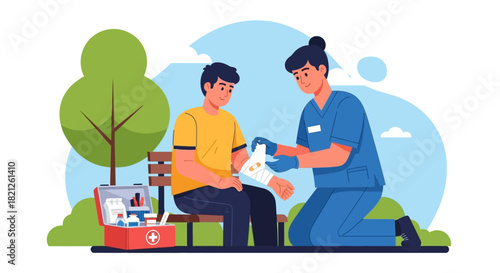 Nurse is applying bandage to patients arm in park, with first aid kit open beside them, symbolizing medical care and emergency response