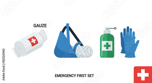 First aid kit supplies including gauze, sling, antiseptic soap dispenser, and blue medical gloves, isolated on