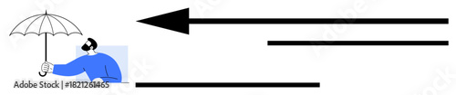 Protection concept. A minimalist depiction of a person holding an umbrella shields against opposing arrows while emphasizing protection and security. Protection against challenges, risks, safety