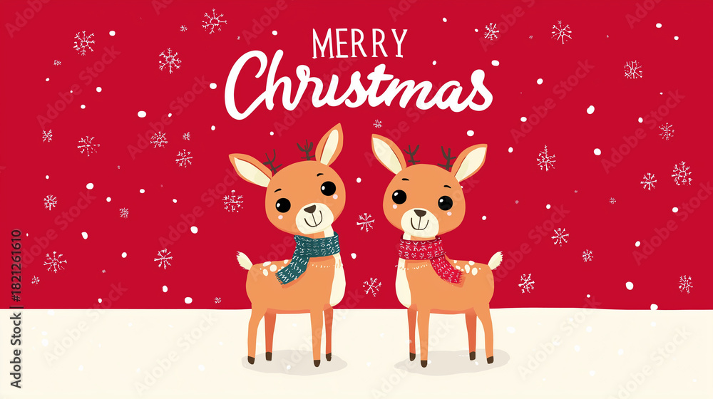 Fototapeta premium Cute illustration of Christmas reindeer characters on a red background with Merry Christmas text, representing holiday joy, festive design and winter celebration themes.
