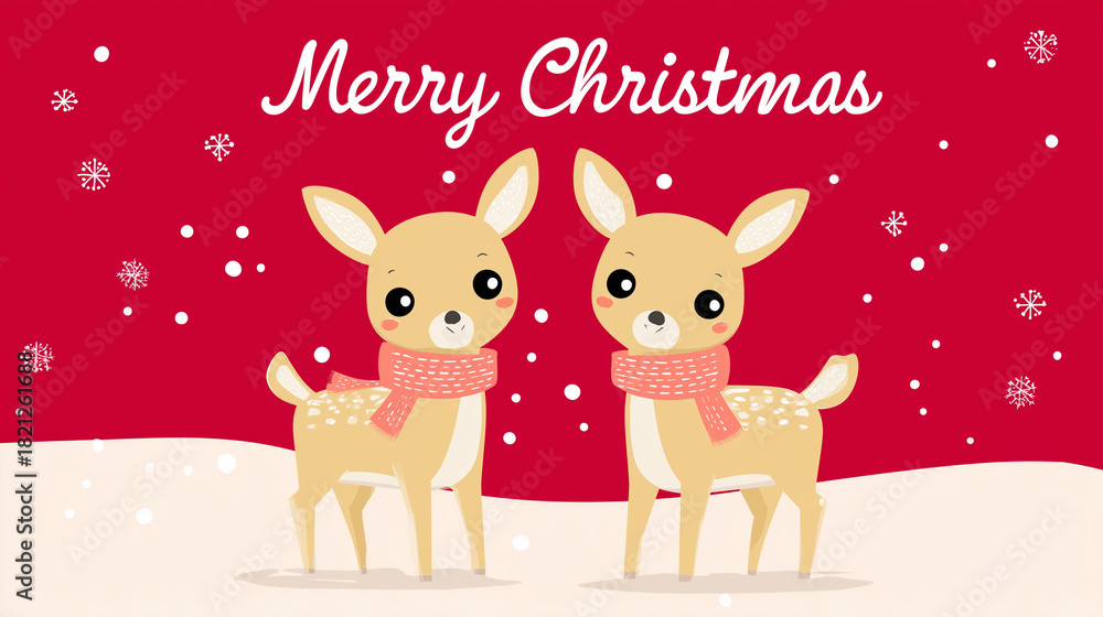 Fototapeta premium Cute Christmas illustration with two little reindeers wearing scarves on a snowy red background, perfect for festive greetings, holiday cards, children’s designs and seasonal joy