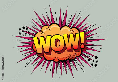 Retro comic book pop art speech bubble with the expression Wow! on a colorful explosion burst background. Vector illustration design element 4.eps