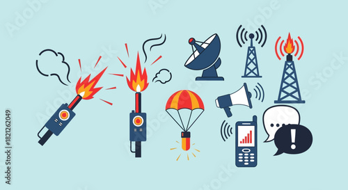Depicting various communication and signaling devices, including flares, parachute with light, satellite dish, radio towers, megaphone, and mobile phone