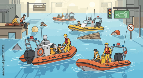 Rescue boats navigate through flooded city street, with people being evacuated from submerged buildings during natural disaster or flood event