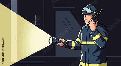 Firefighter in full gear shines flashlight into the darkness, holding radio to communicate during search and rescue operation or emergency situation