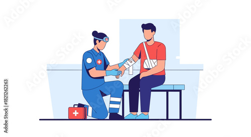 Medical professional in uniform tending to patient with an arm injury, bandaging their limb with care and expertise, highlighting healthcare and recovery