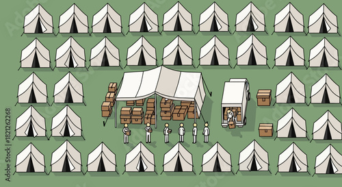 Large refugee camp with many tents, central command tent, supplies, and people working, illustrating humanitarian aid effort or disaster relief operation