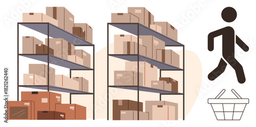 Storage shelves packed with boxes, walking figure, and basket highlight retail, logistics, inventory, e-commerce, warehouse management, supply chain, and shopping in a simple flat metaphor