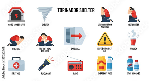 Tornador shelter icons tornado, shelter, people protecting themselves, first aid kit, flashlight, radio, food, water, warning sign, and exit