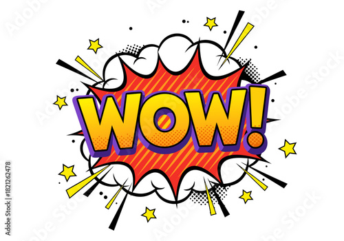 Exclamation of surprise and admiration in a comic book style with the word WOW in bold yellow lettering