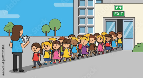 Teacher with clipboard leading line diverse children out school building through an exit door during an evacuation drill