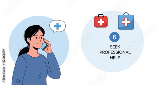 Woman on the phone with speech bubble indicating medical cross, next to graphic illustrating step six seek professional help, with icons red and blue medical bag