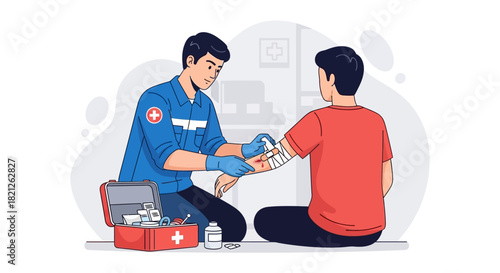 Paramedic applying bandage to patients arm, with first aid kit nearby, illustrating medical care and emergency response