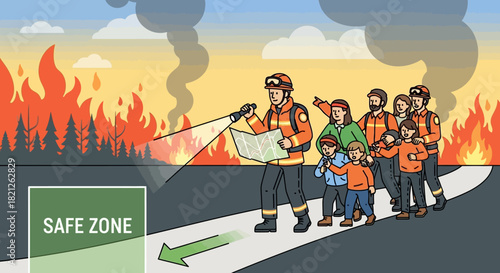 Firefighter leads group civilians, including children, away from raging wildfire towards safe zone, using map and flashlight to navigate the dangerous terrain