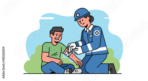 Paramedic applying bandage to injured persons arm, illustrating first aid and medical assistance