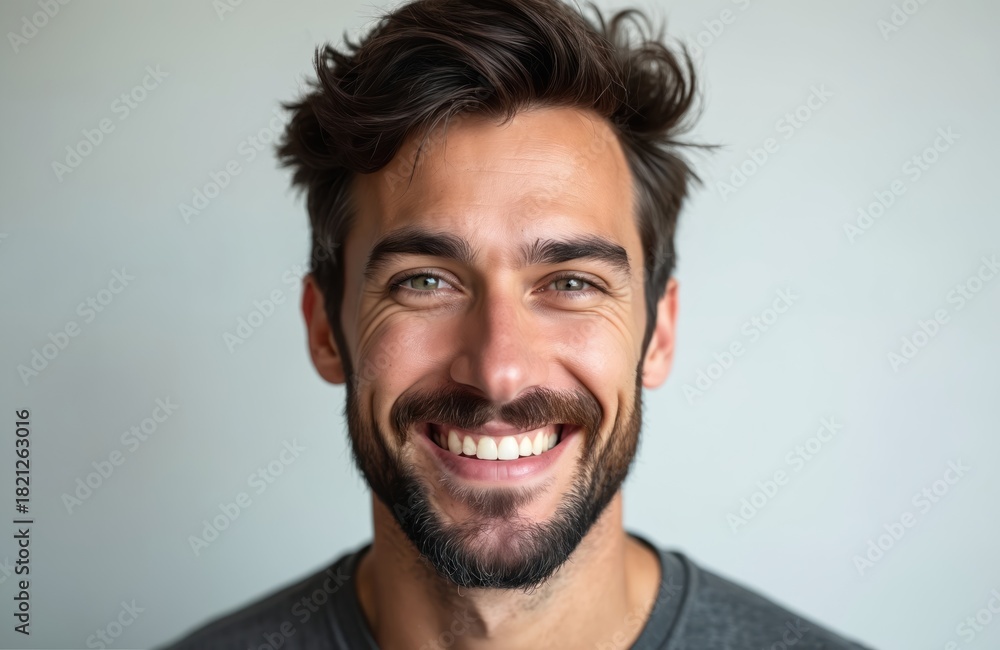 Obraz premium Smiling man with short dark hair and beard looks directly at camera. His eyes are green and he has a casual grey shirt. Studio portrait, white background, happy expression, natural lighting.