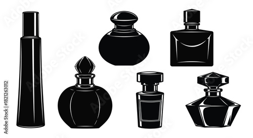 Collection of vintage and modern perfume and cologne bottle silhouettes vector illustration set on a transparent background. isolated on white background, Vector, illustration