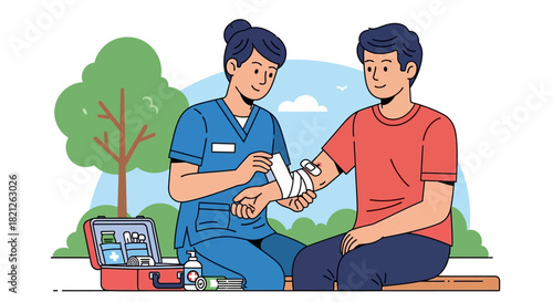 Nurse applying bandage to patients arm outdoors, with first aid kit nearby, showcasing healthcare services and injury treatment in natural setting