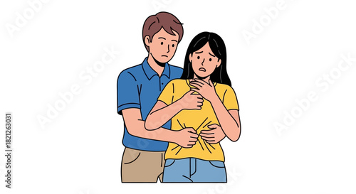 Man performs the heimlich maneuver on woman who is choking, showing lifesaving technique and emergency first aid in moment distress