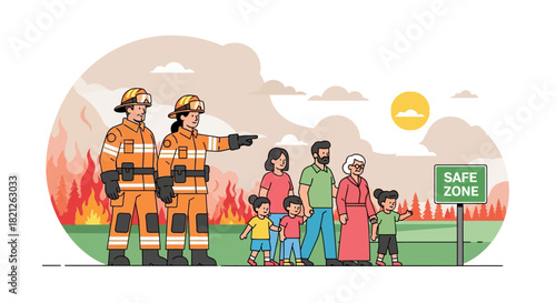 Firefighters guiding family to safe zone during fire emergency, ensuring public safety and evacuation