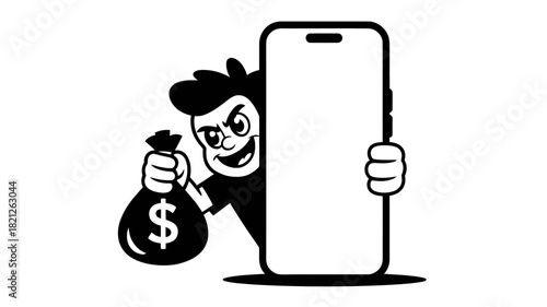 A cartoon character is depicted with a mischievous grin, holding a smartphone and a bag of money symbolizing thef