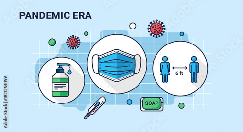 Pandemic era icons including face mask, hand sanitizer and social distancing