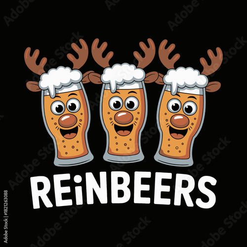 Three cartoon beer glasses are depicted with reindeer antlers and red noses, humorously personifying holiday characters.