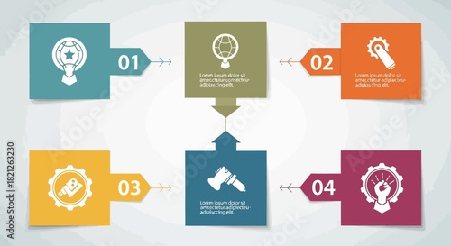 Infographic template with four steps and icons for business, strategy, or workflow includes icons for award, magnifying glass, gear, axe, and lightbulb