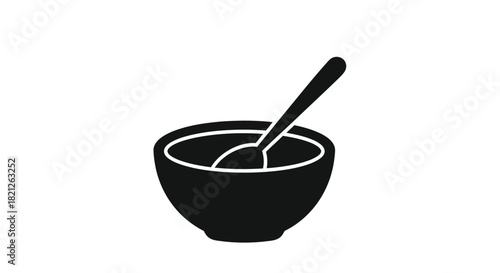 Monochromatic icon silhouette of a serving bowl filled with food and a spoon resting inside, isolated on white background. isolated on white background, Vector, illustration