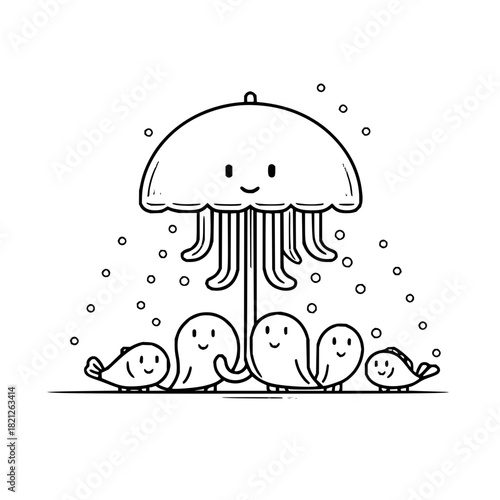 A cute cartoon illustration of a jellyfish with smiling sea creatures under it in black and white style
