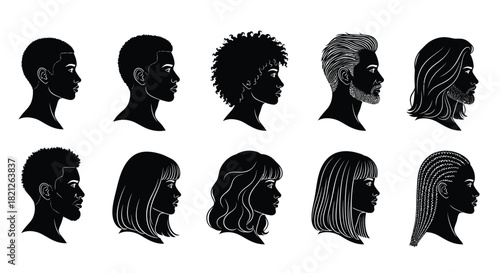 Diverse profile silhouettes of human heads showing various hairstyles and hair textures vector set illustration. isolated on white background, Vector, illustration