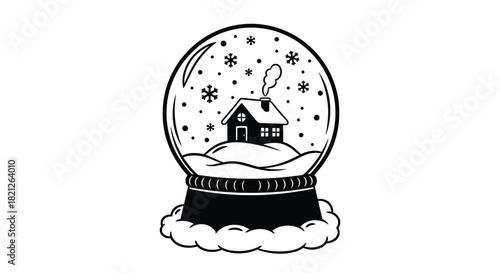 Black and white line art icon of a winter snow globe with a cozy cottage inside, falling snow, and smoke rising. isolated on white background, Vector, illustration