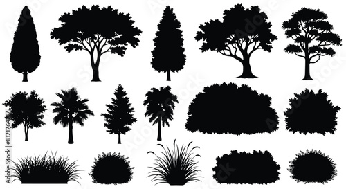 Collection of diverse tree and bush silhouettes including pine, palm, deciduous, shrub, and grass for landscape design. isolated on white background, Vector, illustration
