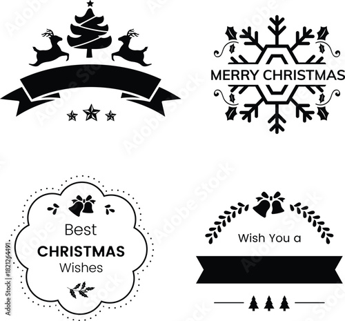 A collection of monochrome Christmas-themed label designs, including banners, snowflakes, reindeer silhouettes, and vintage-style holiday badges.