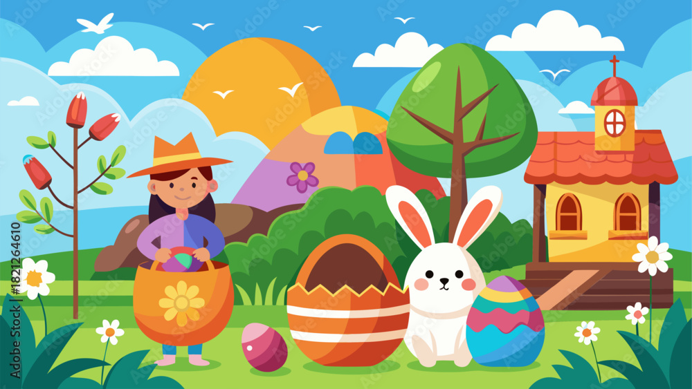 Obraz premium Whimsical Easter Celebration: Girl, Bunny, and Eggs in a Colorful Spring Landscape