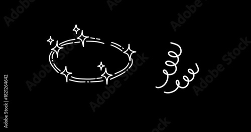 Animated Doodle Sticker Set: arrows, scribble elements, shining stars, hearts, bubbles, Highlighter elements. Cute line icons in Sketch Style, Isolated on Black. Loop 4K Video, Transparent Background.