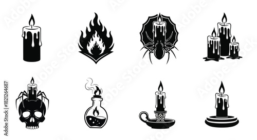 Gothic black silhouettes set of burning melting candles, fire flame, spider web, human skull, and magic potion icons. isolated on white background, Vector, illustration