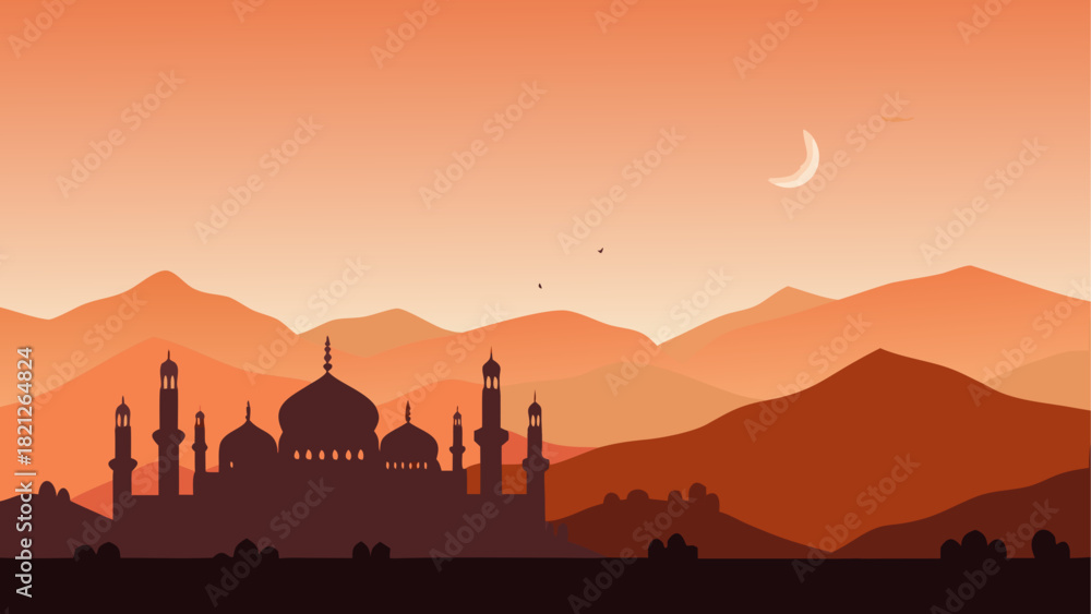 Obraz premium Silhouette of mosque with mountains and moon view
