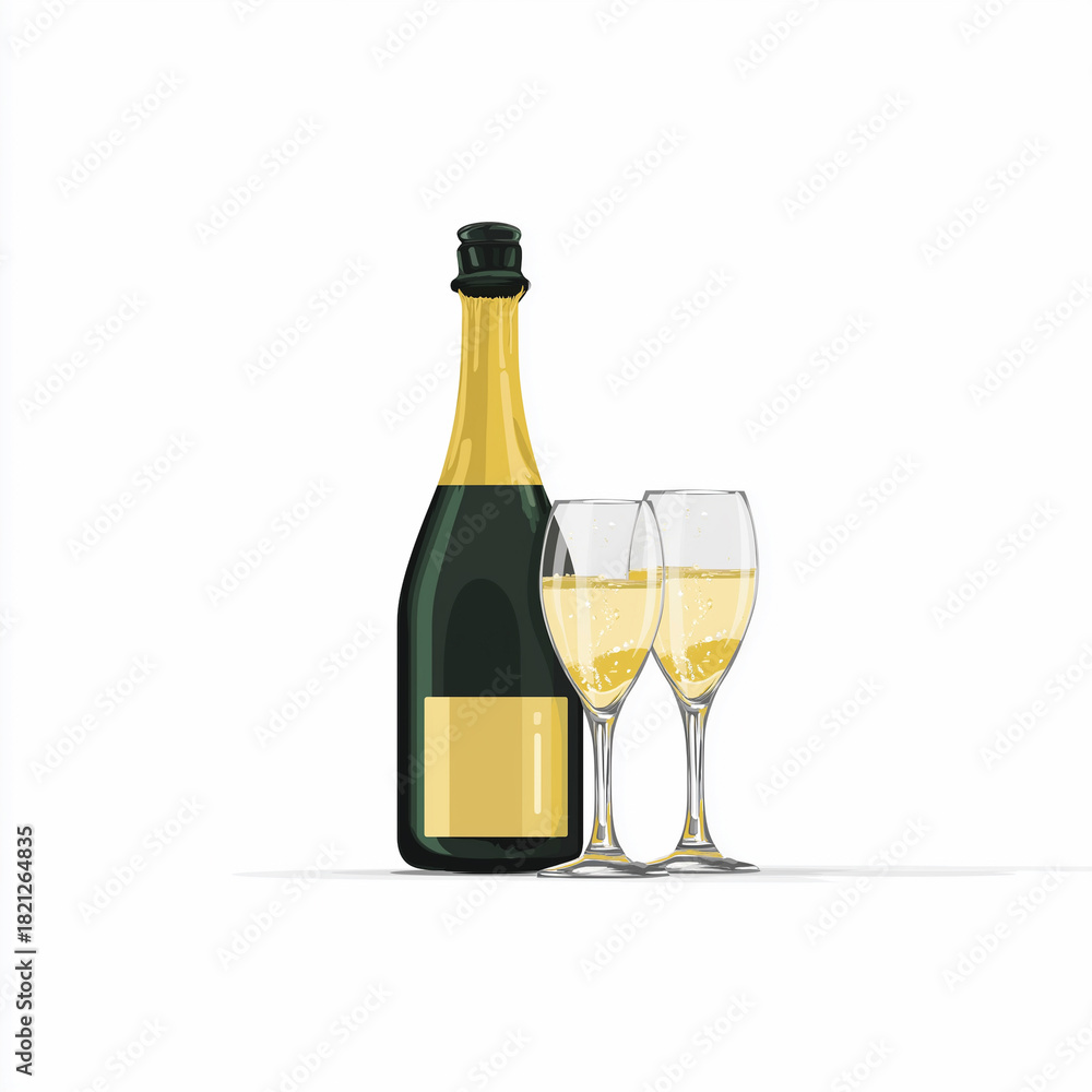 Obraz premium Champagne bottle and glasses with bubbles and cork, elegant New Year celebration illustration.