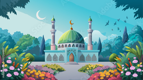 Mosque with green dome and garden in cartoon style