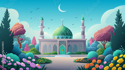 Cartoon mosque with trees and flowers in daylight