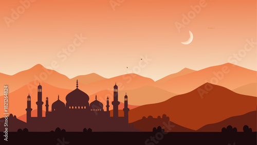 Silhouette of mosque with mountains and moon view