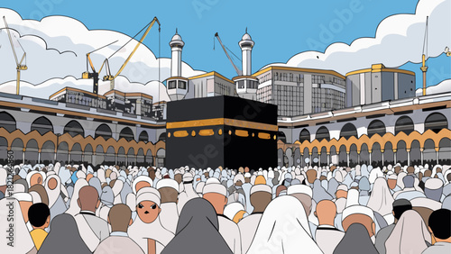 Illustration of the kaaba with a crowd of people