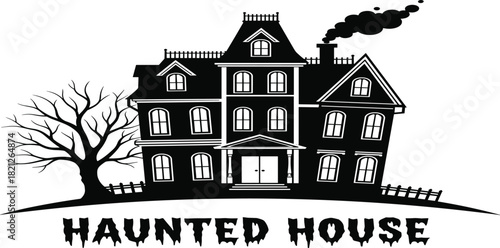 Spooky Vector Silhouette Haunted House with Crooked Windows, Dead Tree, Smoking Chimney, and Scary Dripping Font Text, Perfect for Halloween Design, Horror Events, and Theme Party Invitations.